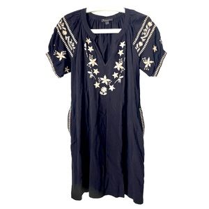 Embroidered Black and Cream Mexican‎ Inspired Boho Short Sleeved Dress S